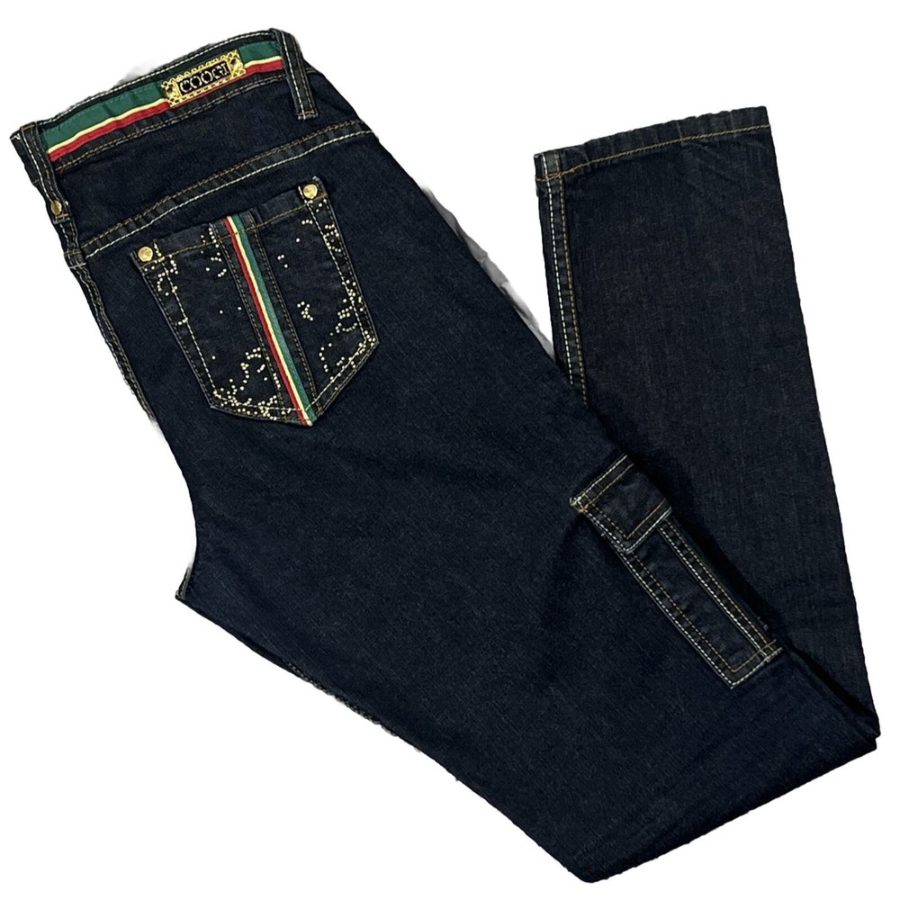 Coogi Womens Jeans Size 9/10 Red Green Gold Side Pockets Straight Leg Dark Wash